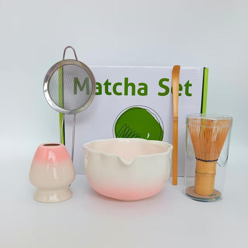 Japanese Ceramic Matcha Tool Set: Spout Bowl & Hundred-Bristle Whisk for Tea Ceremony
