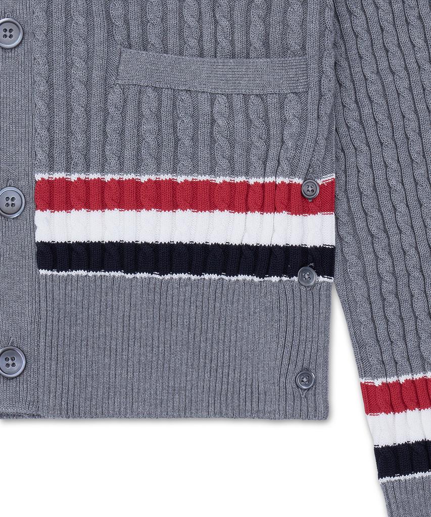 Thom Browne Rwb Striped Cotton Baby Cable V-Neck Cricket Cardigan - Light Grey / Mkc640Ay3014055