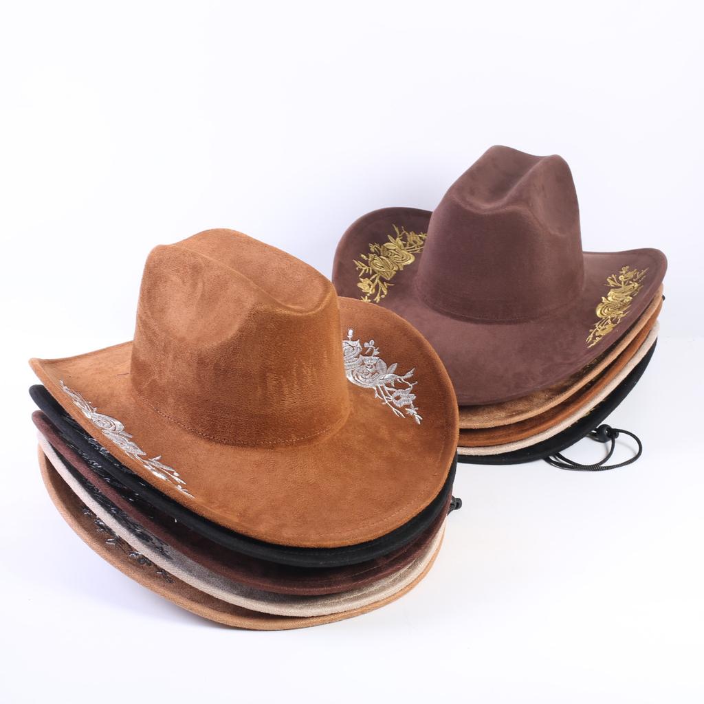 Beliebter europäischer und amerikanischer klassischer Wildleder Western Cowboyhut für Herren und Damen, großer Schirm, bestickt, Outdoor-Sonnenhut