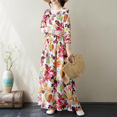 Early Autumn Floral Vacation Style Travel Round Neck Retro Long Skirt Loose Casual Meat Covering Cotton Linen Dress for Women Dresses