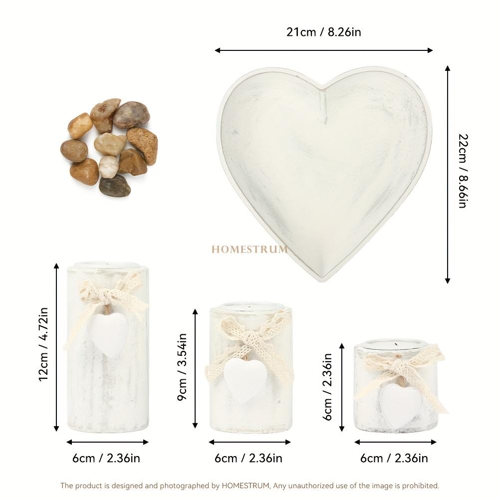 4pcs White Wooden Candlestick Set, Tea Lamp Candlestick Set, Jute Rope Bow Decoration and Decorative Stones, Heart Tray Decorative Bowl, Jewelry Tray