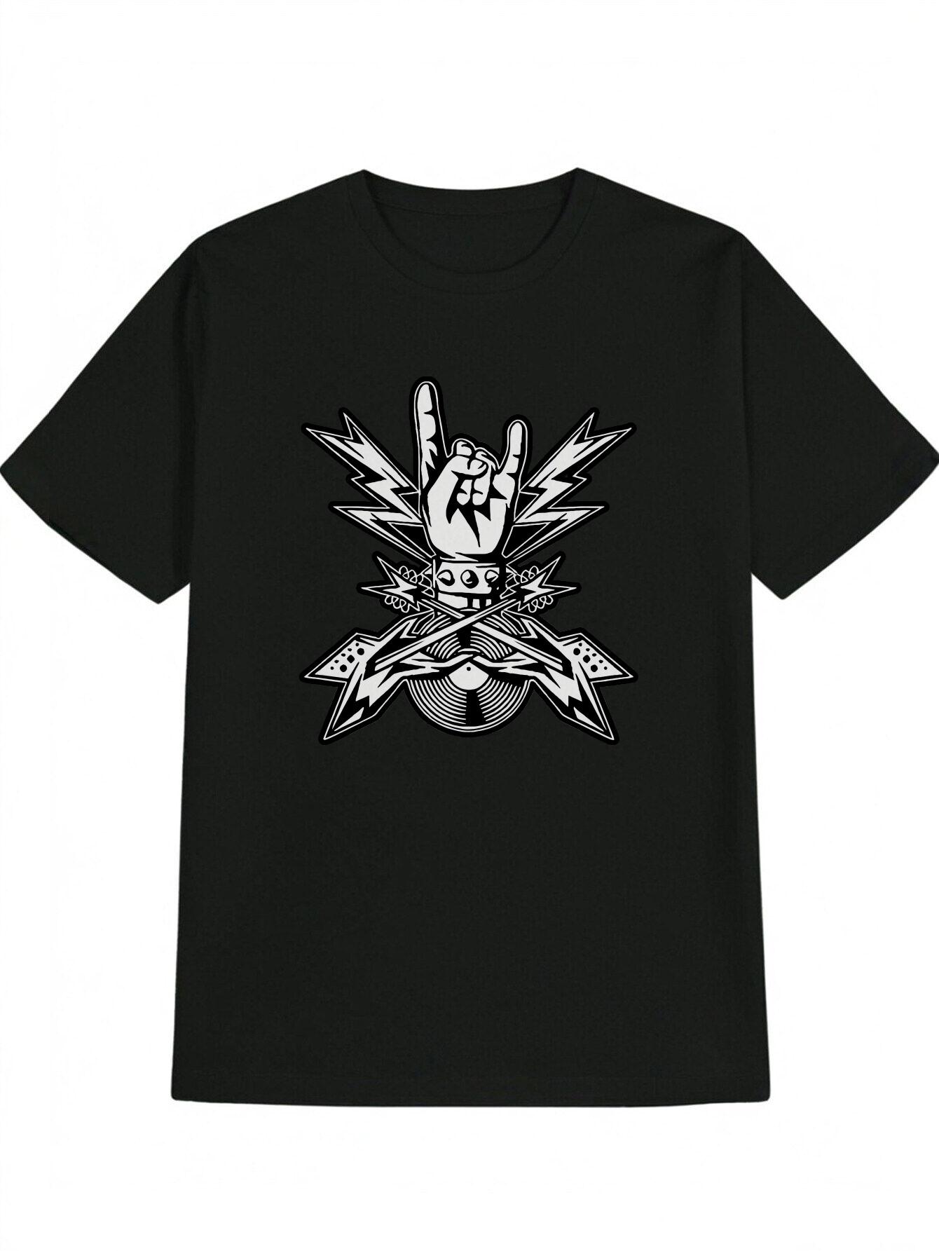 Graphic T-shirt - Raised Fist & Lightning Bolt Design - Black/White Bold Statement Tee - Lightweight Summer Shirt for Concerts M