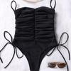 Women's Black Tube Top One-Piece Swimsuit Side Drawstring Tie Sexy Bikini Swimsuit