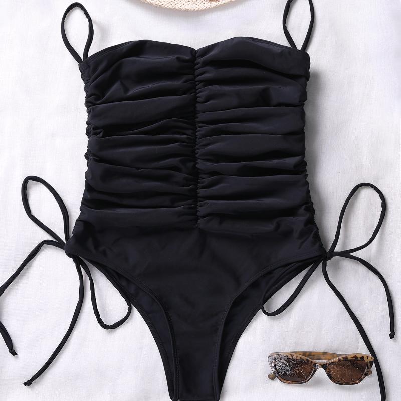 Women's Black Tube Top One-Piece Swimsuit Side Drawstring Tie Sexy Bikini Swimsuit