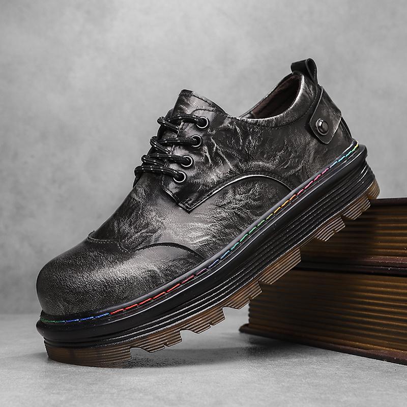 Large Size Round Toe Leather Shoes Men's Thick Soled Fashionable Low Top Casual Shoes