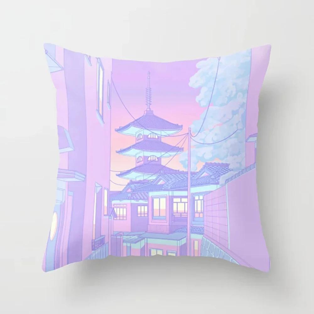 Pink Cartoon City Print Pillowcase Car Ornaments Office Living Room Home Pillowcase