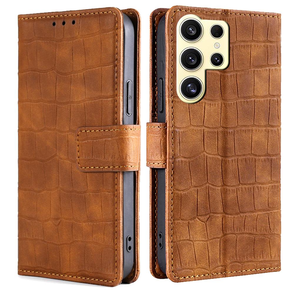 

Для Samsung Galaxy S24 Ultra Чехол-кошелек Текстура крокодила ПУ кожа Подставка Флип-чехол Brown