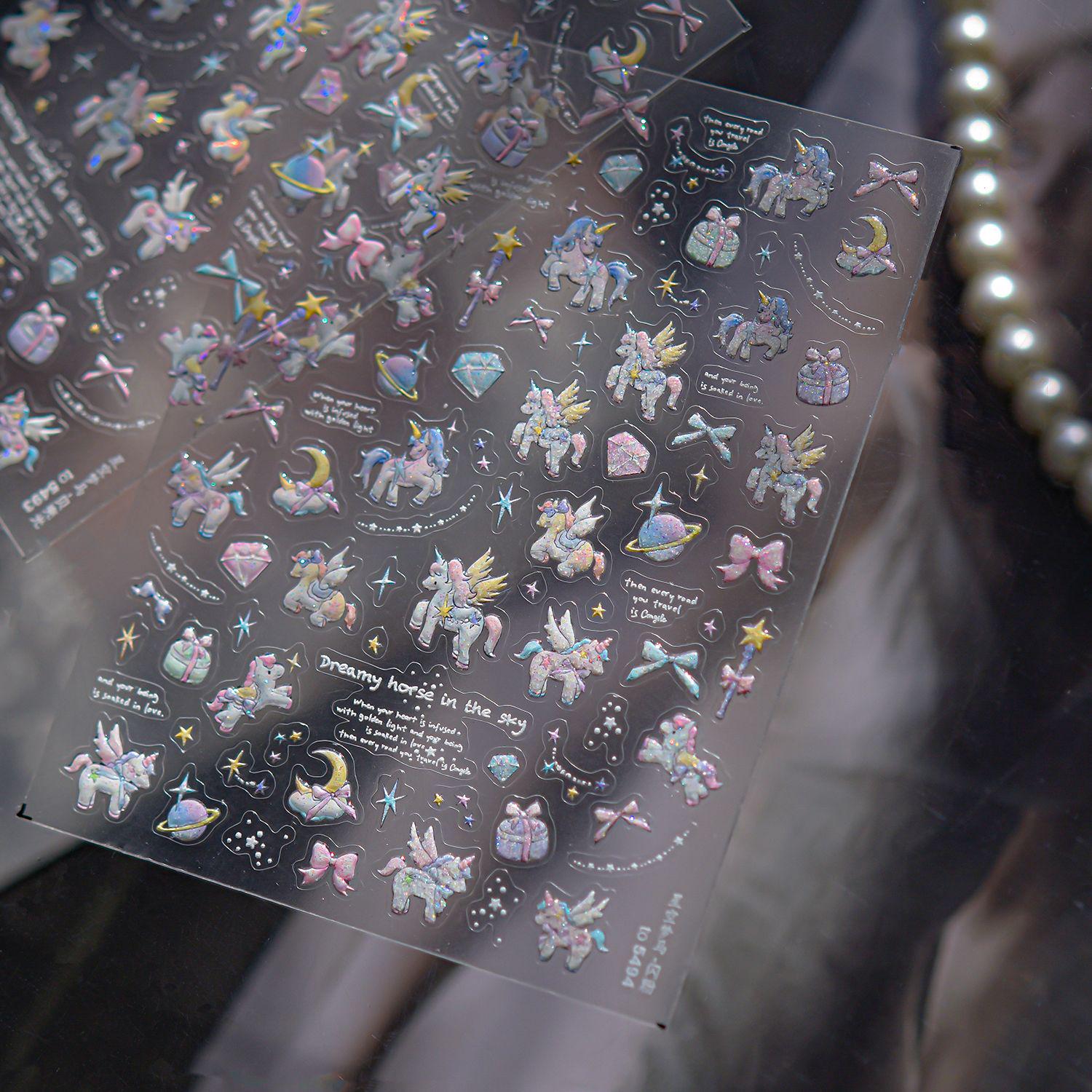 Tomoni Shell Nail Art Stickers - Dreamy Glitter Starry Sky & Dream Horse Designs