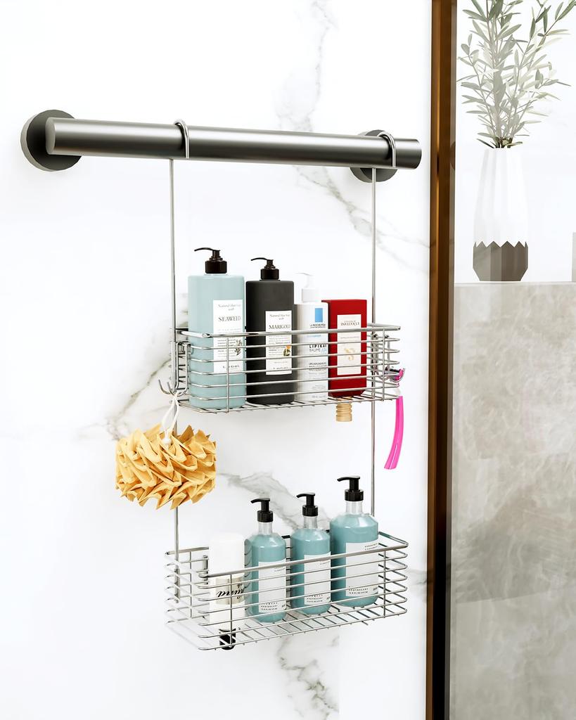 YQh Double Bathroom Bathroom Stainless Steel Shower Shampoo Rack Suspension Storage Storage Handrail Hanging Wall Easy to Install Rack, Basket, 18-8