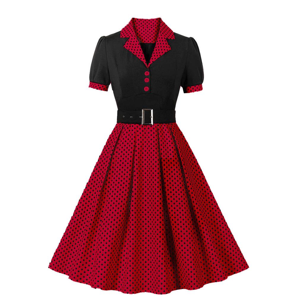 Casual Women's Fashion Polka Dot Women's Skirt, Lapel, Short Sleeved Belt, Slim Fit Spring and Summer Dress