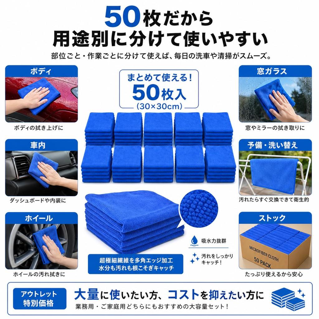 TARO WORKS Car Wash Towels, Microfiber, Multipurpose Cloths, 50 Pieces (Slightly Imperfect)