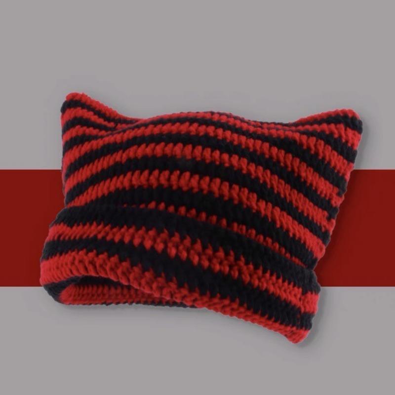 Autumn Winter Woolen Hat Japanese Devil Handmade Stripe Hat Female Cat Ear Warm Knit Pullover Hat Winter