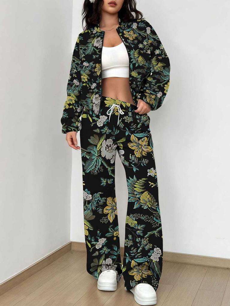 Simple Graffiti New Autumn And Winter New European And American Women'S Clothing Flower Printing Suit Women