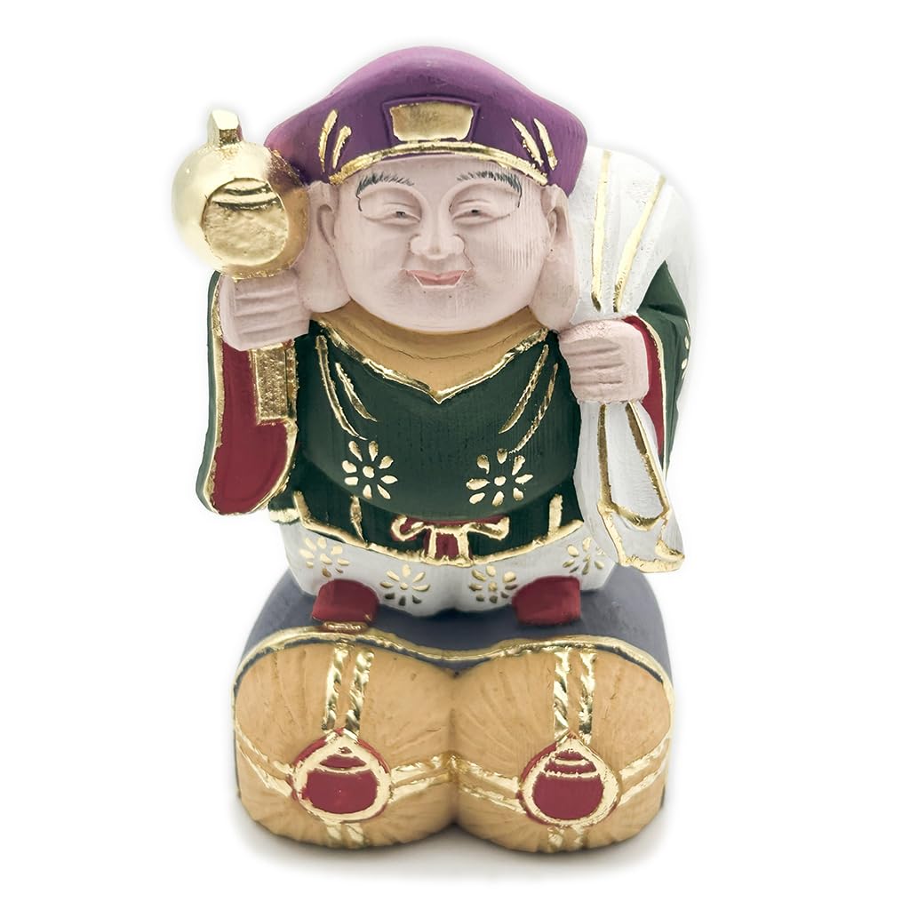 Figurka HU Trading Daikokuten, dřevo hinoki, barevné kirigane, Sedm bohů štěstí, celková výška 10,5 cm, šířka 7 cm, hloubka 7 cm, b0155