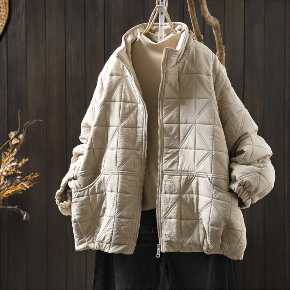 Johnature Women Vintage Winter Zipper Jackets Turtleneck Solid Color Long Sleeve Patchwork Pockets Casual Jackets Coats
