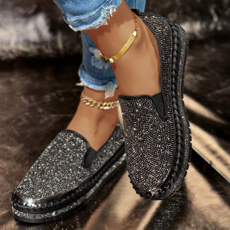 Women's New Spring Slip‑On Thick‑Sole Loafers Casual Rhinestone Fashion Plus Size Flat Shoes