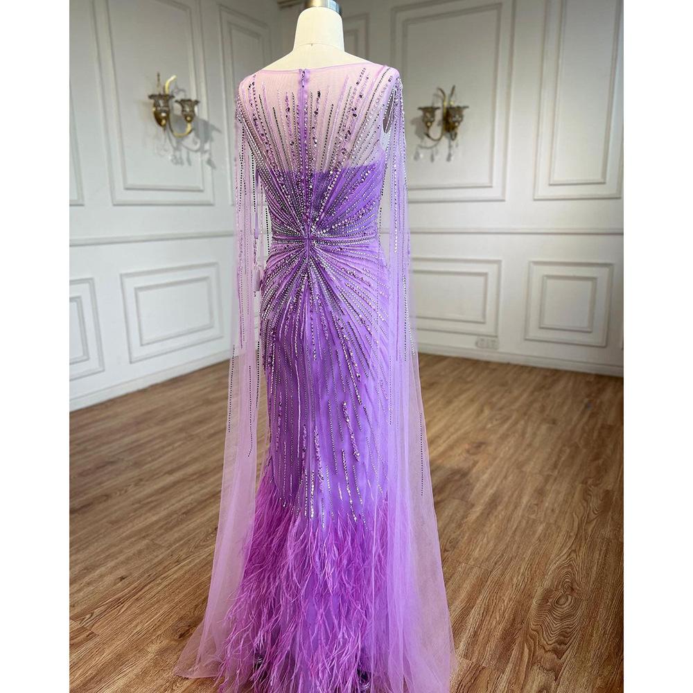 Elegant feathers light purple floating sleeve long dress high-end celebrity banquet host performance evening dress LA11011
