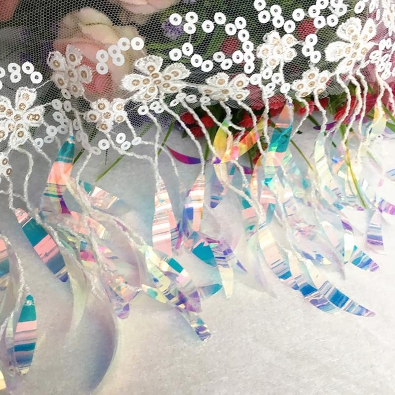 1 Yard Sequins Lace Sewing Garments Accessories DIY Fringe Mesh Tassel Embroidered Ribbon Sewing Craft for Dance Party