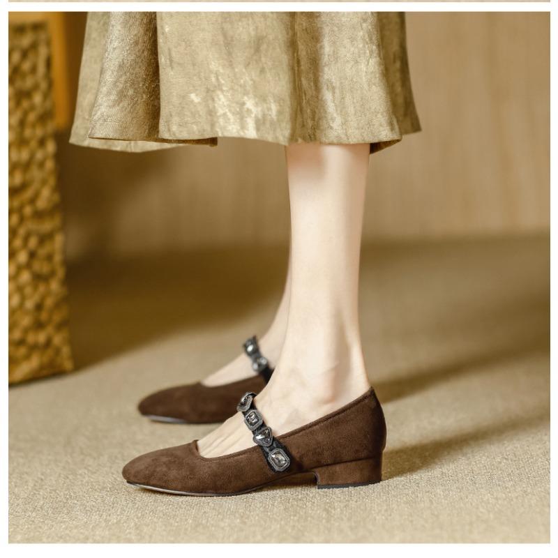 French Rhinestone One-strap Flat Shallow Opening Mary Jane Single Shoe 2025 New Style Small Square Toe Low-heeled Ballet Shoe