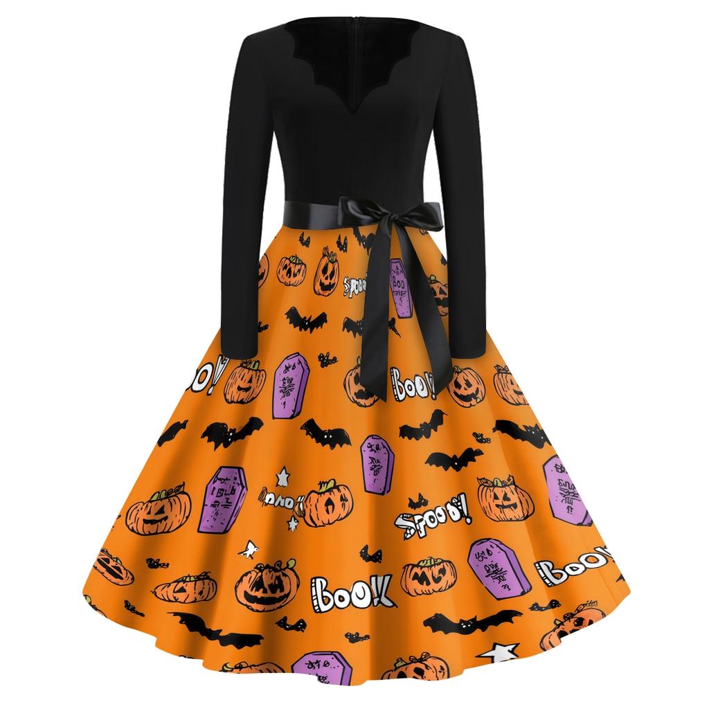 Women Casual Vintage V Neck Dress Halloween Printed Long Sleeve Fit Flare Midi Dress with Waist Tie for Seasonal Wear