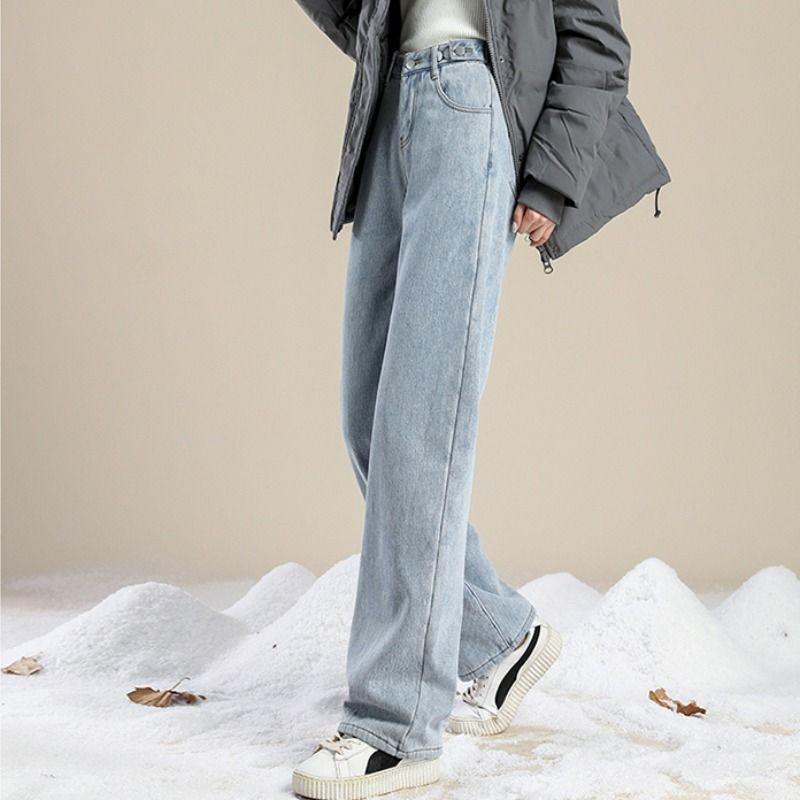 Women's Light Blue Fleece-Lined High-Waisted Wide-Leg Jeans - Winter Thickened for a Loose, Slimming Fit with Trendy Design.