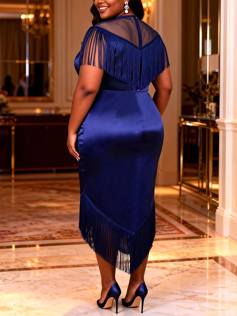 AOMEI Women Plus Size Fringe Midi Dress Elegant Bodycon Tassel Pencil Evening Party Club Dresses