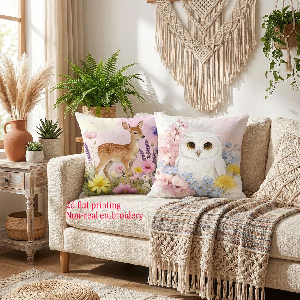 1/4 Peças Capas de Almofada Decorativas com Animais da Floresta em Aquarela, Cervo Floral, Coruja, Ouriço, Coelho