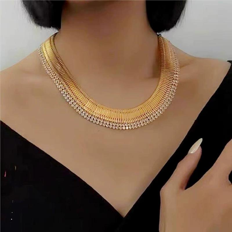 Exaggerated Personalized Wide Version Watch Strap Chain Diamond Necklace Light Luxury Elegant Neckchain Trendy Women Jewelry