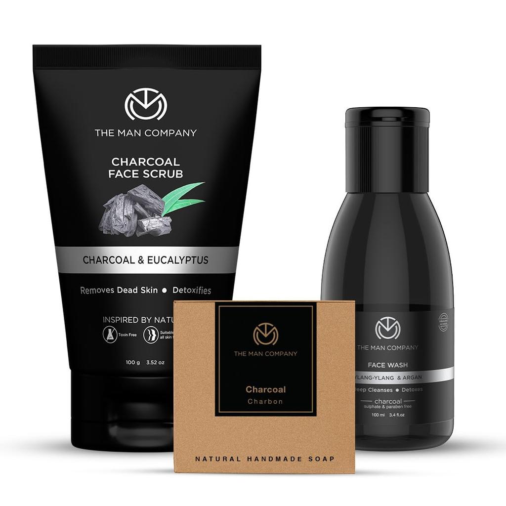 The Man Company Charcoal Gift Set, Charcoal Soap, Face Wash, Face Scrub, Deep Cleansing, Detox Skin, Anti Acne, Blackhead & Dirt Removal, Pack of 3