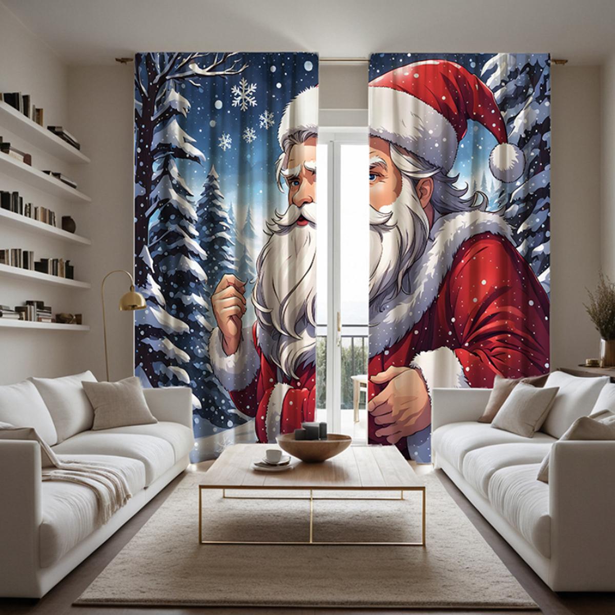 

2 шт. HD Рождественская снежная ночь Санта-Клаус декоративная занавеска с синей завязкой цифровая печатная занавеска для украшения дома в стиле Украсьте l W52H63inchW132H160cm
