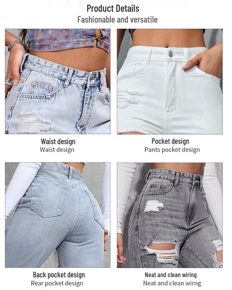 Jeans strappati da donna - Nuova tendenza europea americana, Lavati, Casual, Versatili, Elasticizzati, Larghi, Gamba dritta