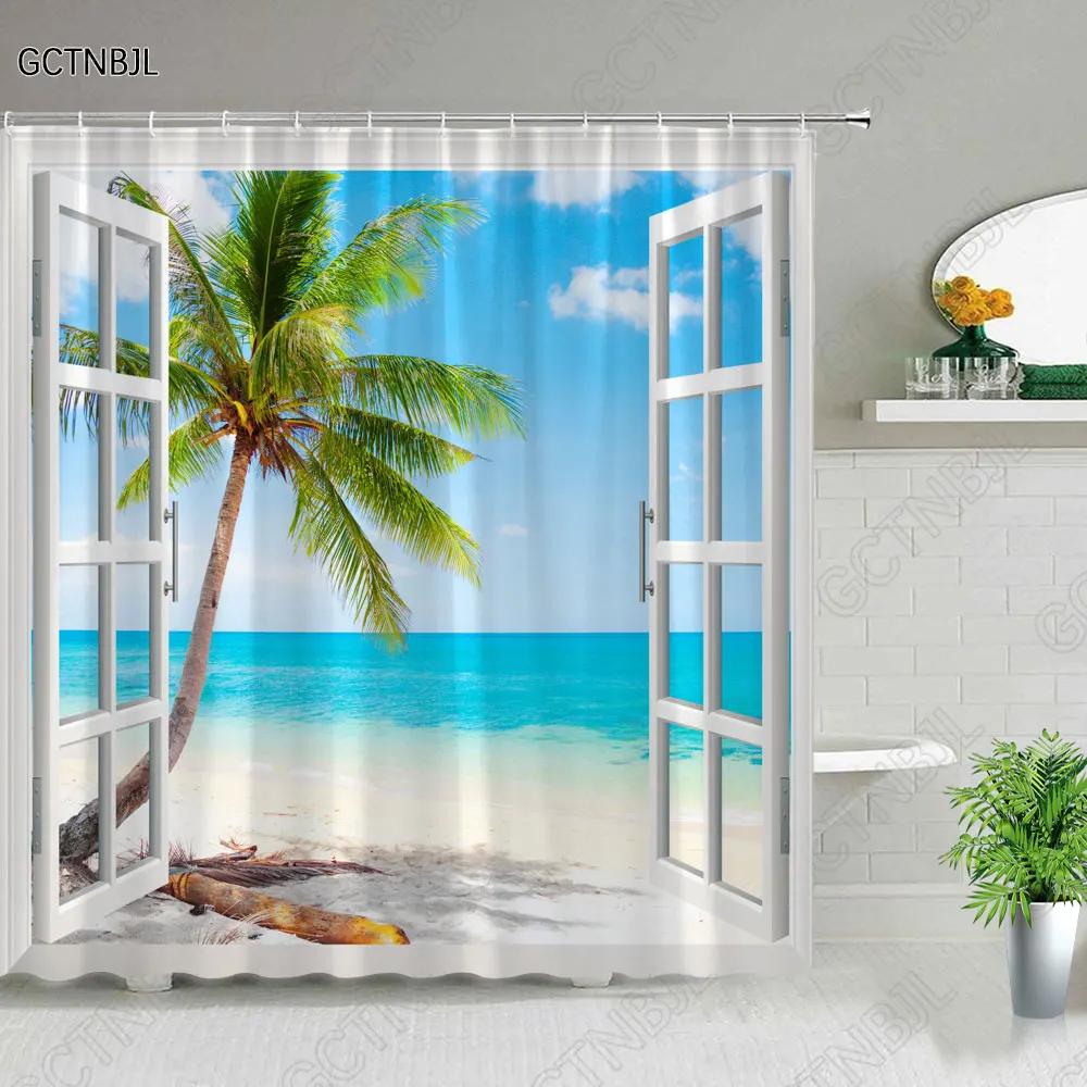 Palma Animale Marino Paesaggio Tende da Doccia Spiaggia Delfino Tartaruga Marina Stella Marina Paesaggio Decorazione Bagno Tenda da Bagno Con Gancio
