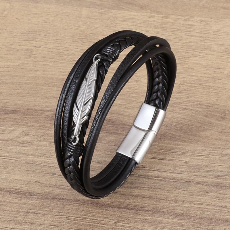 Double Layer Punk Brown Braided Leather Bracelet for Men with Metal Magnetic Clasp Stylish Business Bracelet Jewelry Gift