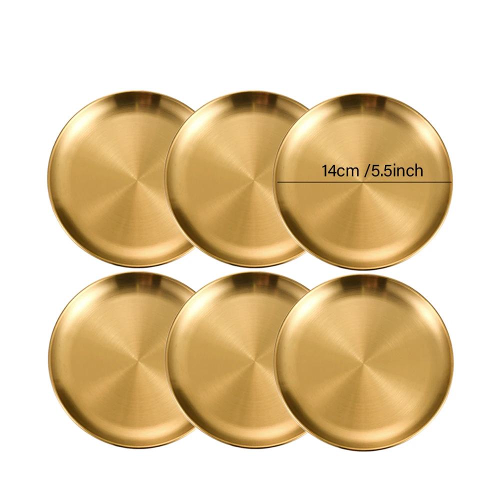 

6Pcs Stainless Steel Bone Spitting Dish Gold Silver Colors Shallow Tray Metal Dining Disc Fruit Meat Round Plate