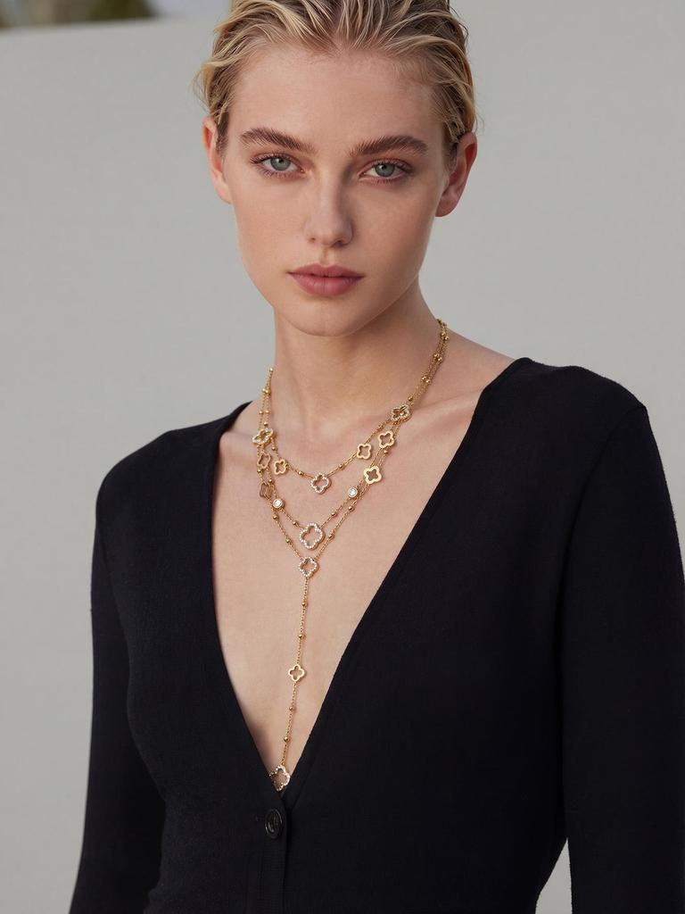 18K Gold-Plated Y-Shaped Tassel Necklace with Ultra-Shiny Zircon and Lucky Flower Design