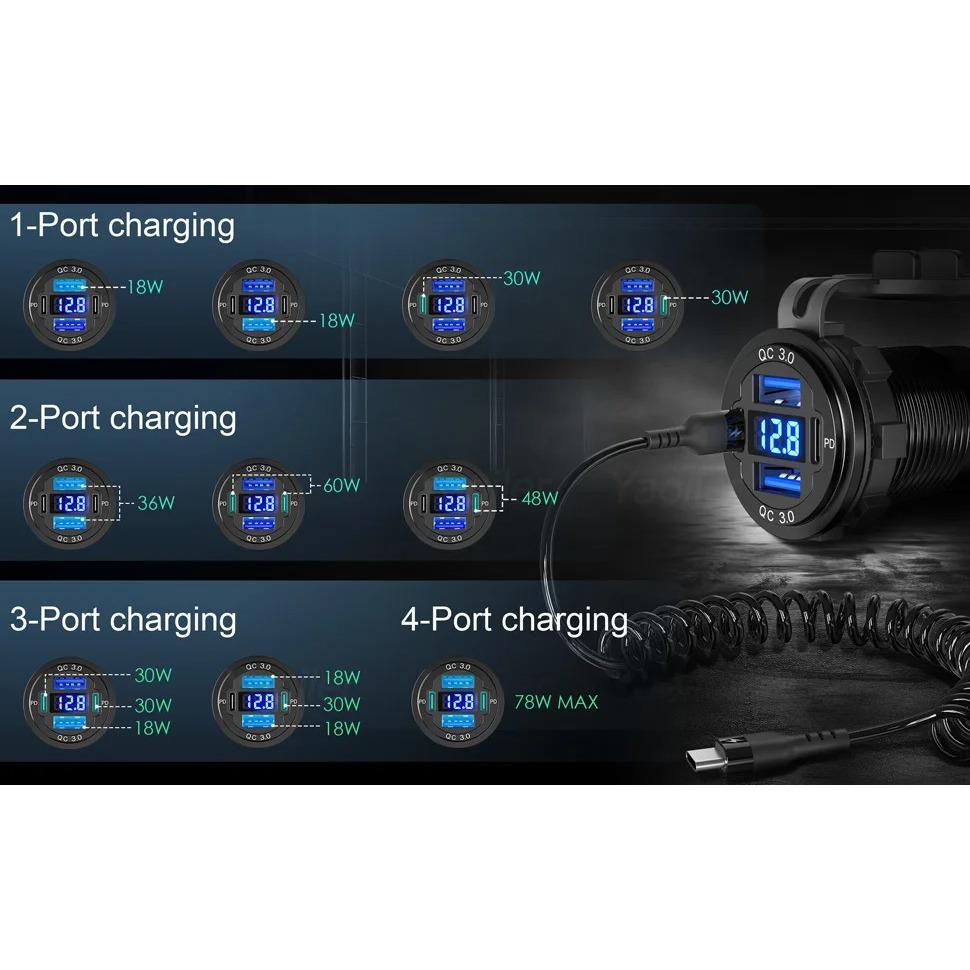 12V USB C Charger Outlet Aluminum Car Charger Socket Dual PD and Dual QC3.0 Car USB Port for Boat Marine Truck RV Motorcycle