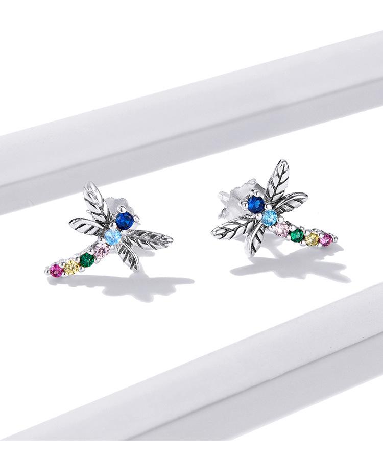 Colorful Dragonfly Sterling Silver Stud Earrings with Zircon Inlay