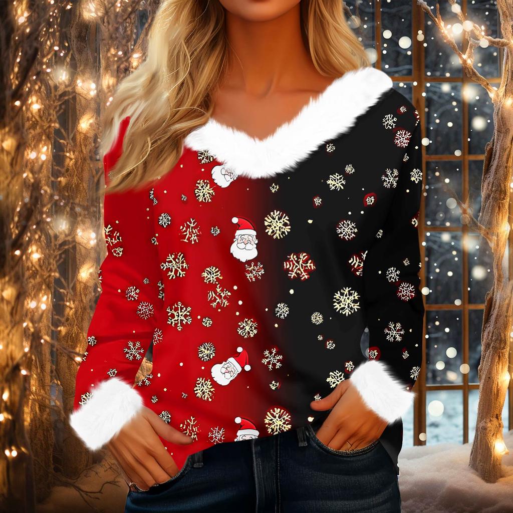 Damen Modisches Lässiges V-Ausschnitt Weihnachts-Print Langarm-Oberteil