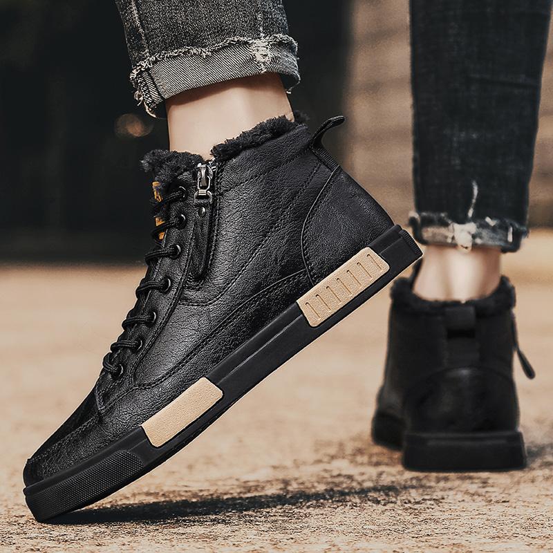 FashionMen Retro Work Shoes high top Autumn Winter Thick Bottom High Top cotton Casual Boot Leather Boots Chelsea plush warm Boots