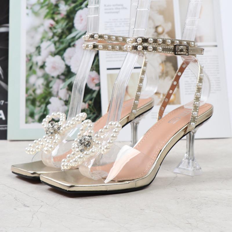 

Летние женские босоножки на высоком каблуке 8,5 см с ремешком на щиколотке, женские прозрачные свадебные туфли на низком каблуке с жемчугом и кристаллами, женские свадебные туфли в стиле фетиш