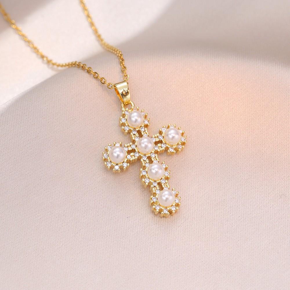 Damen Bunte Zirkon Kreuz Halskette - Nischendesign mit Voll-Diamant-Anhänger an Edelstahlkette