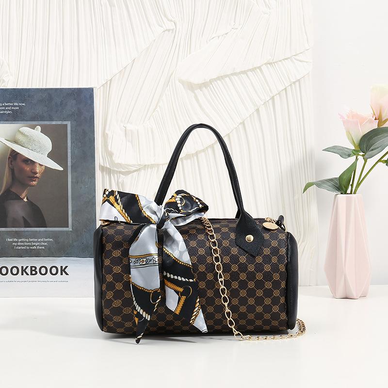 Retro Fashion Silk Scarf Printed Shoulder Crossbody Portable Women's Bag New Chain Cylinder Bag