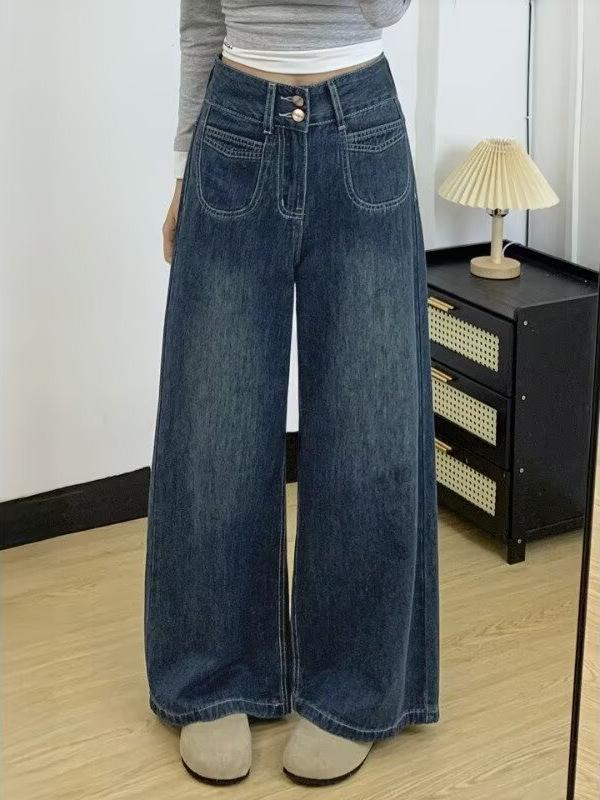 Women's Dark Blue High Waist Wide Leg Xintang Jeans - 2026 Slimming Plus Size Straight Pants