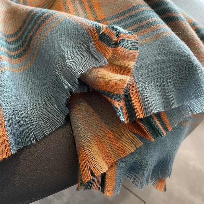 New niche blue and orange plaid scarf women's winter versatile student shawl dual-purpose warm scarf
