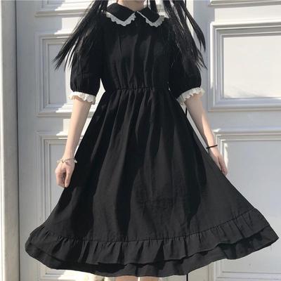 Summer Black Kawaii Lolita Style Dress Mori Girl Fairy Cute Lolita Peter Pan Collar Puff Sleeve Dress Fashion Women