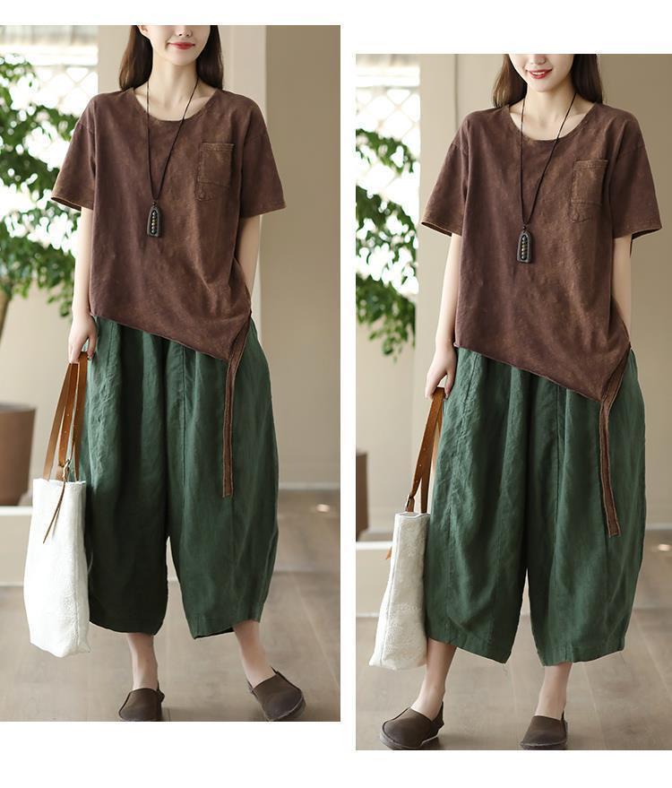 Damen Haremshose aus Baumwolle und Leinen mit elastischem Bund - Retro Patchwork, Lockerer Schnitt, Fließender Laternenstil für den Sommer