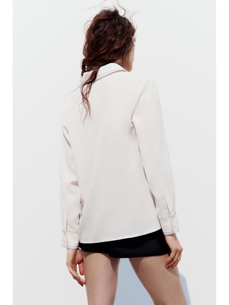 Spring 2025 Women's Color Block Casual Loose Shirt with Pocket and Turn-Down Collar