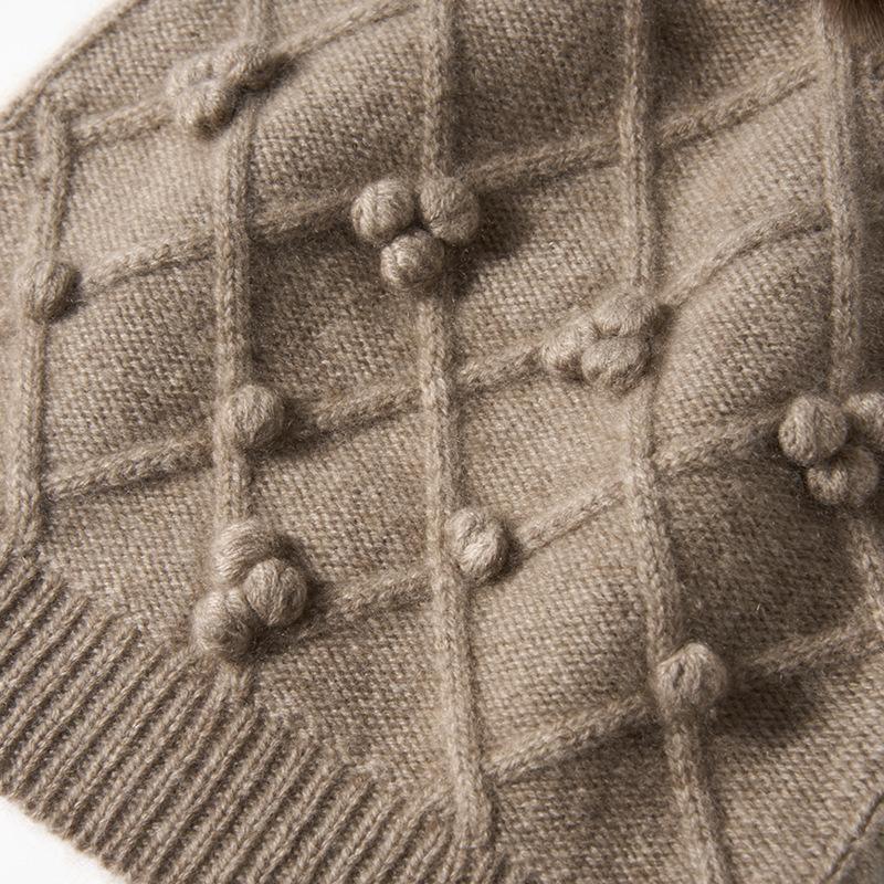 Cashmere Autumn and Winter New Women's Rhombus Beanie Outdoor Warm Rhombus Fur Ball Ear Protection Knitted Casual Hat