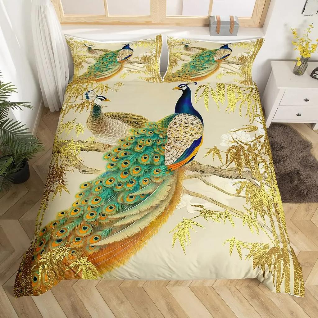 Conjunto de Capa de Edredom Pavão de Luxo Tamanho Twin King Queen Selva Selvagem Animal Capa de Colcha Microfibra Pássaro Exótico Animal Conjunto de Roupa de Cama