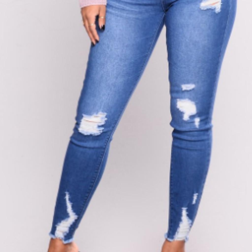 Ladies Casual Slim Jeans Women's Fashion High Waist With Holes In Elasticity And Small Feet Trousers